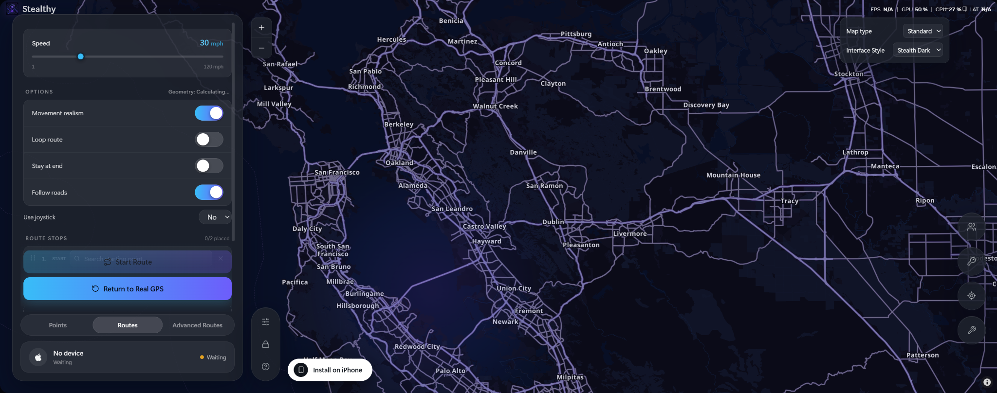 Current Stealthy desktop app: Routes controls with cyan speed slider, glass panels and dark purple map